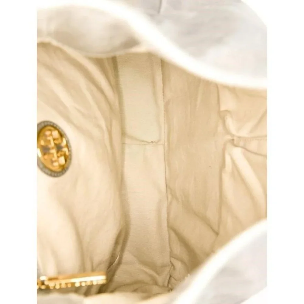 Tory Burch Grey & Metallic Leather Snap Shoulder Bag – Gold Hardware – Preowned